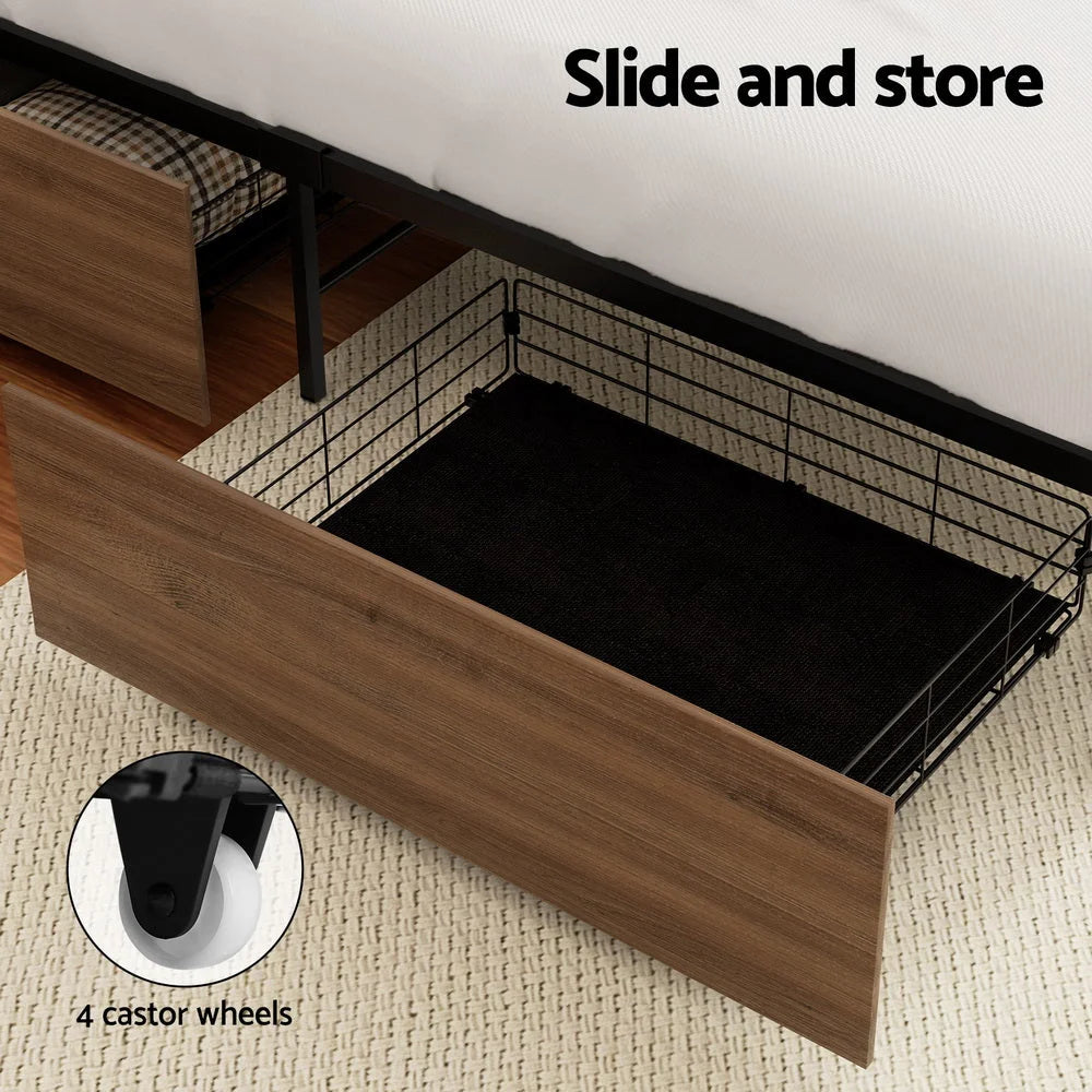 Black metal bed storage drawers with slatted mattress support and headboard
