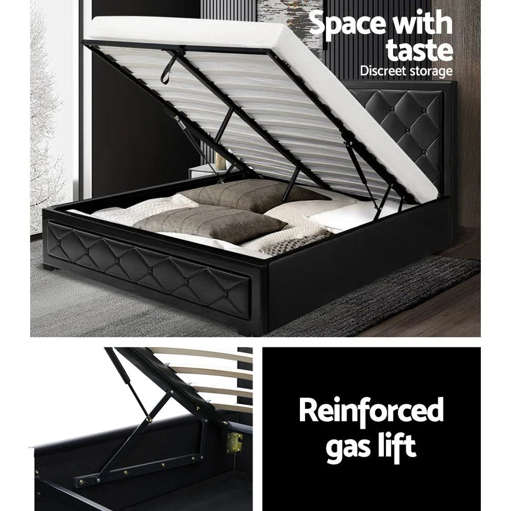 Bed Frame Tiyo PU Leather Gas Lift Storage - Black Queen