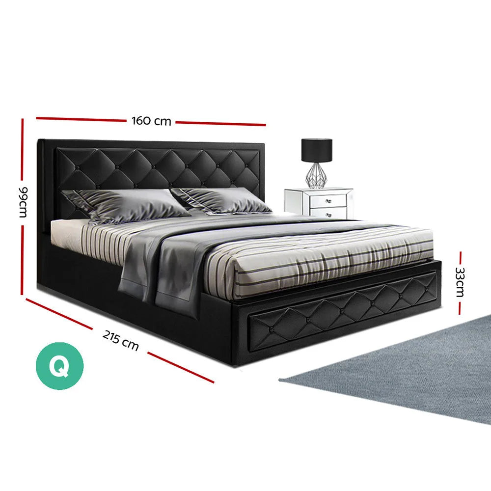 Bed Frame Tiyo PU Leather Gas Lift Storage - Black Queen
