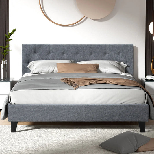 Bed Frame Vanke Fabric Grey Queen - Bedroom