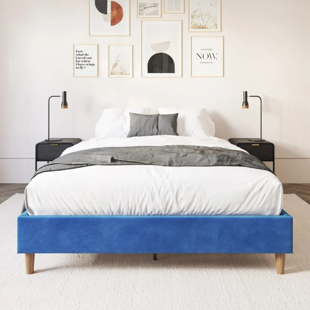 Bed Frame Velvet Blue - Double - Furniture