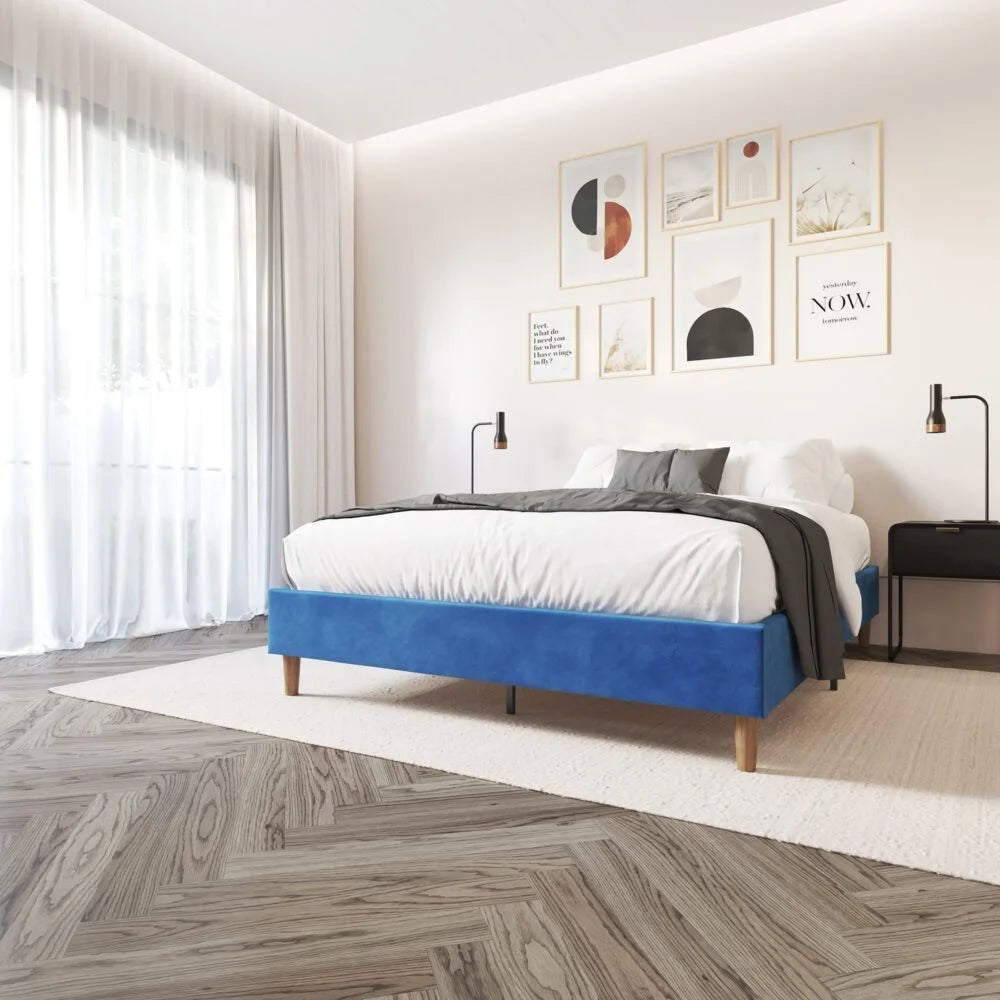 Bed Frame Velvet Blue - Double - Furniture