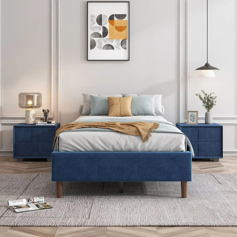 Bed Frame Velvet Blue - Double - Furniture