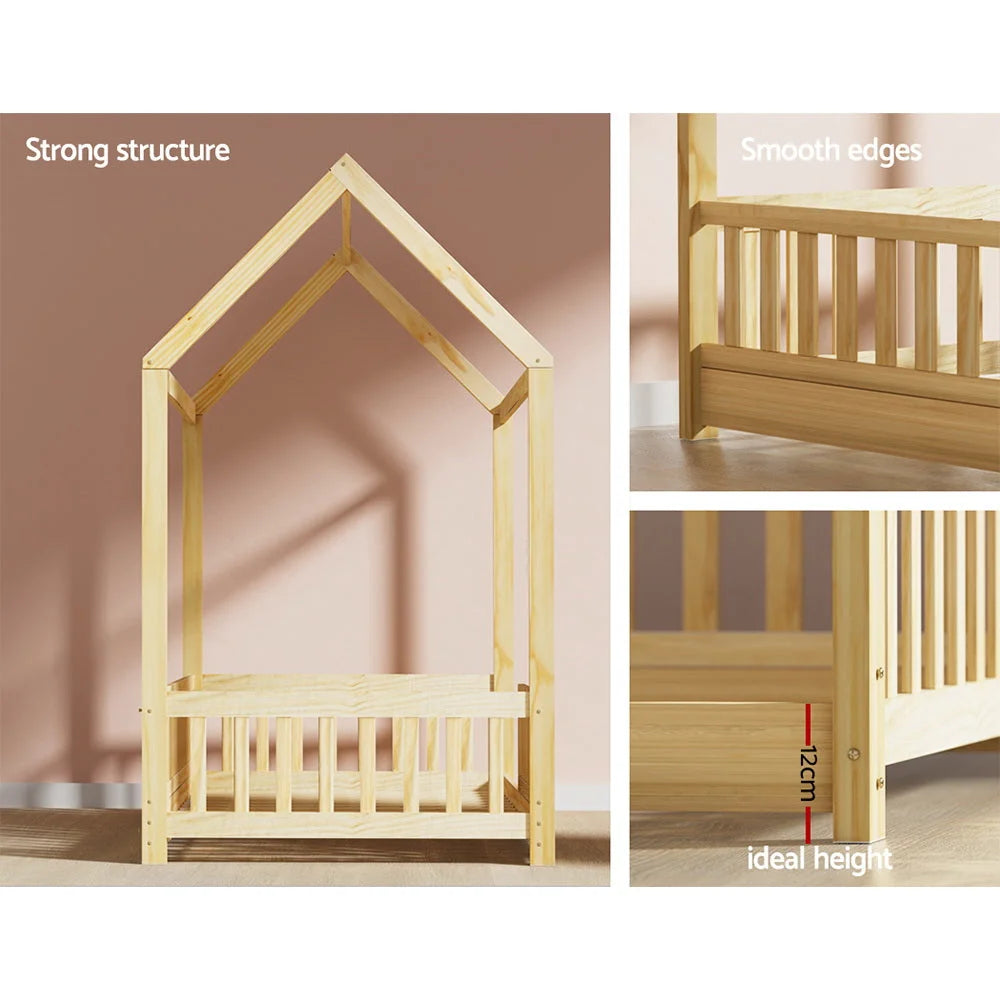 Wooden bed house oak with slatted mattress support and headboard