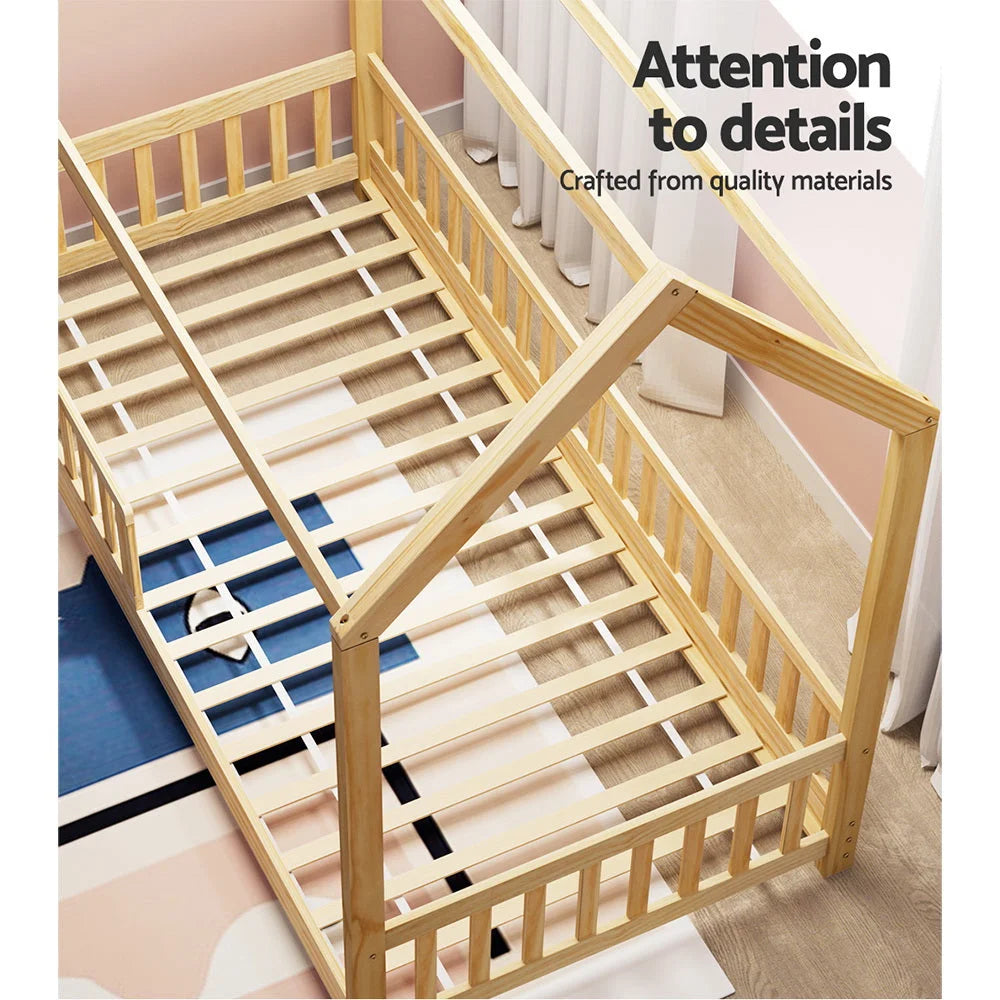 Wooden bed house oak with side rails and bedroom frame details