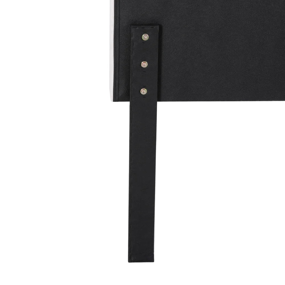 Beige velvet bed headboard king with fitted edges and product hardware