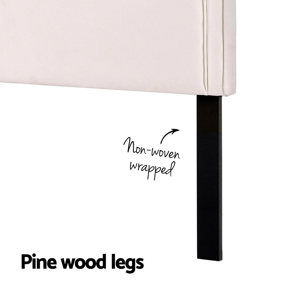 Beige velvet bed headboard king with pack contents and accessory layout