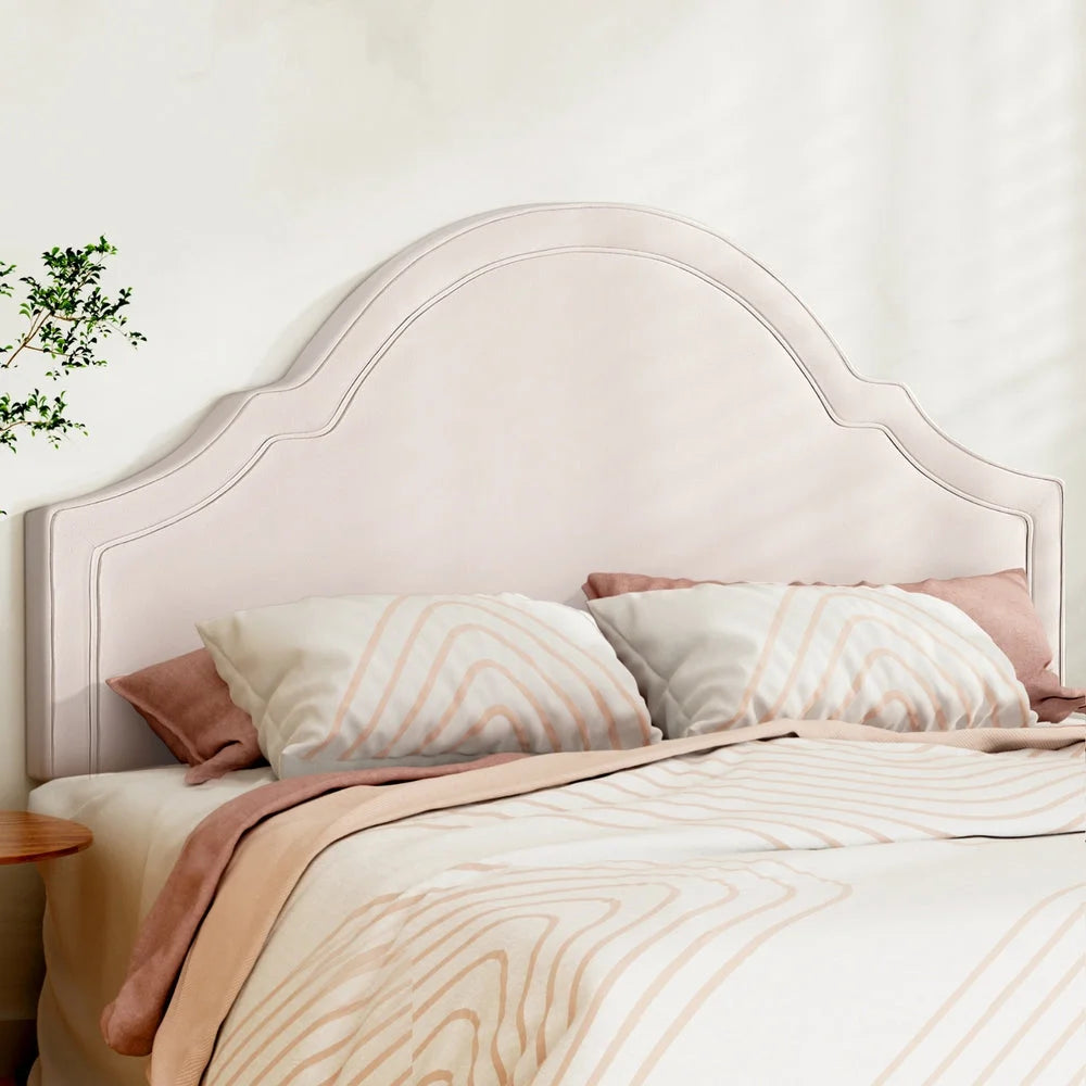 Beige velvet bed headboard king with clean finish and fitted components