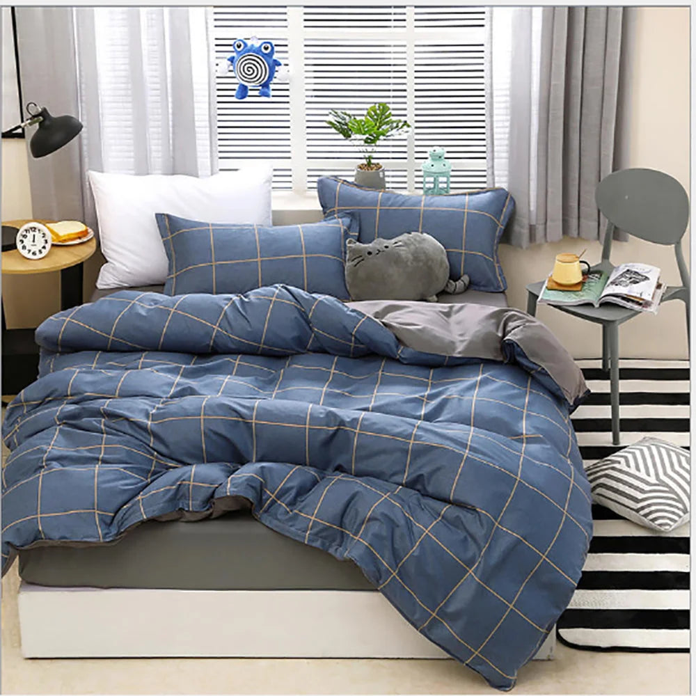 Bedding Set Blue Plaid Pattern Aloe Cotton Flat Sheet Quilt