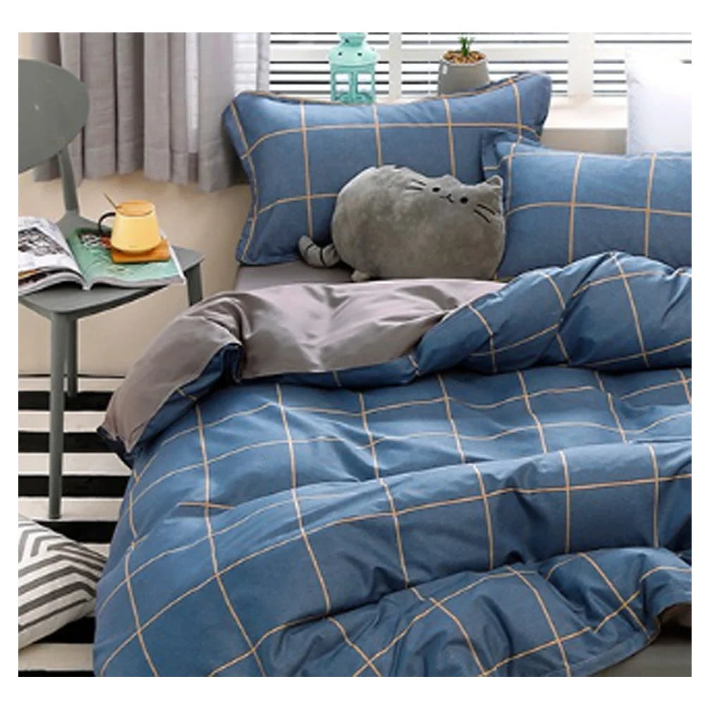 Bedding Set Blue Plaid Pattern Aloe Cotton Flat Sheet Quilt