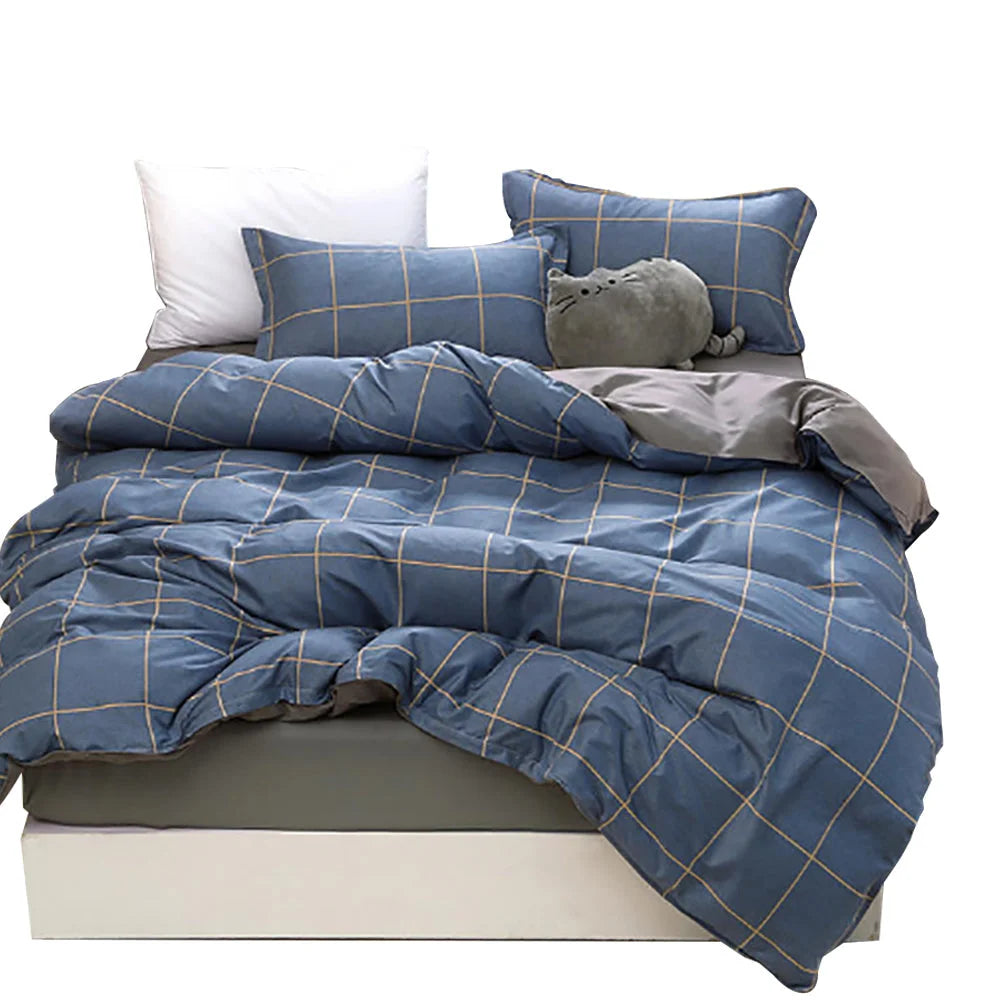 Bedding Set Blue Plaid Pattern Aloe Cotton Flat Sheet Quilt