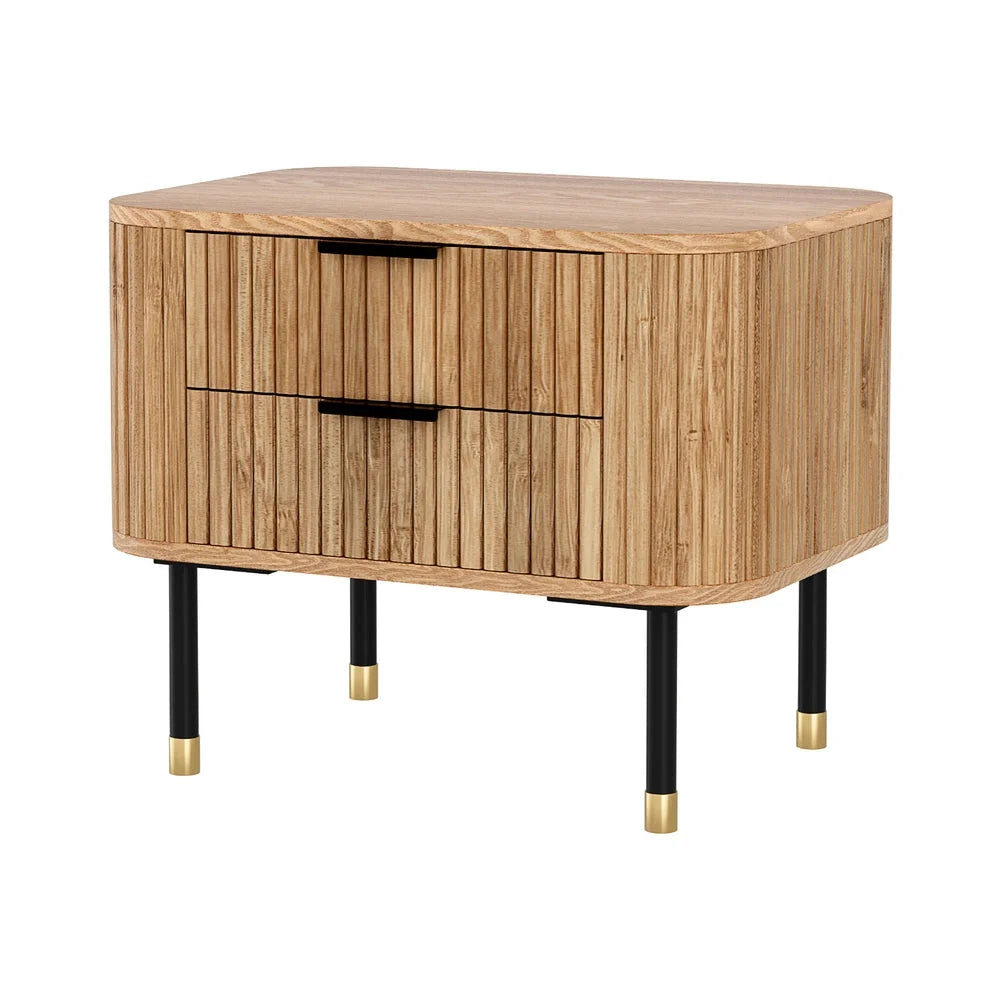 Wood bedside table with two drawers and timber legs