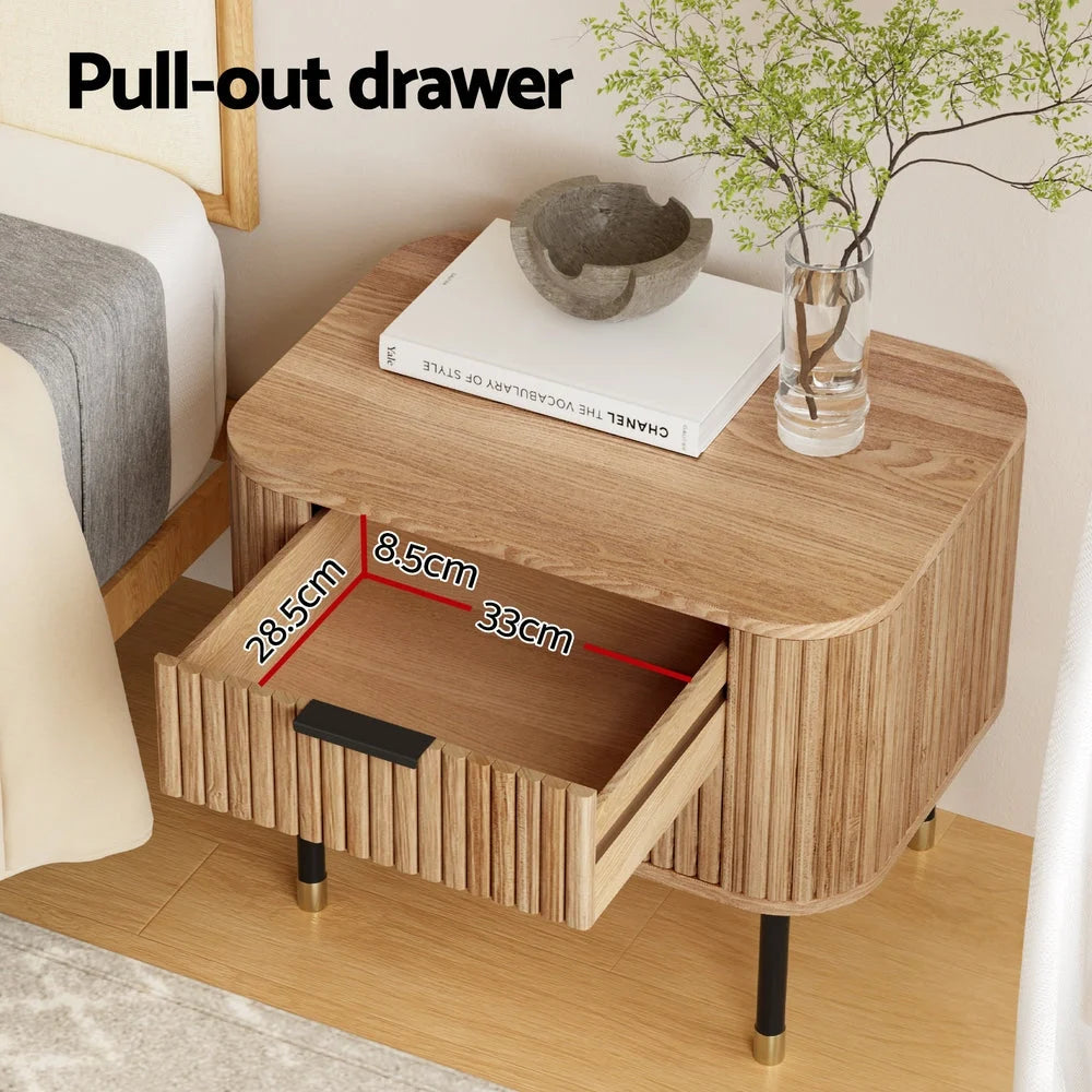 Wood bedside table with compact cabinet and drawer handles