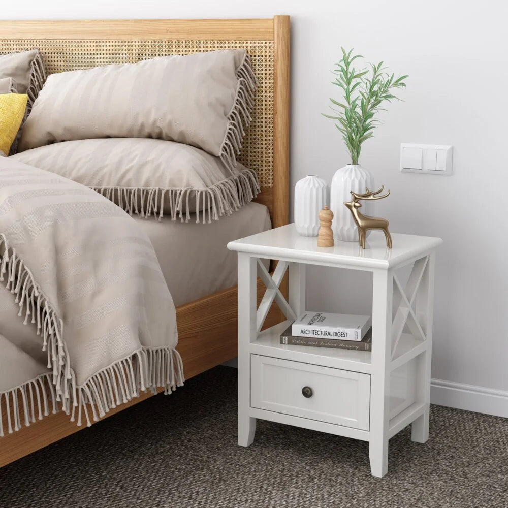 Bedside Table 2-Tier with Storage Drawer Set of 2 - White