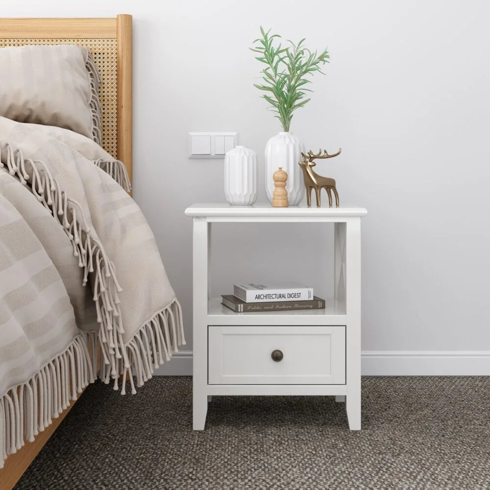 Bedside Table 2-Tier with Storage Drawer Set of 2 - White