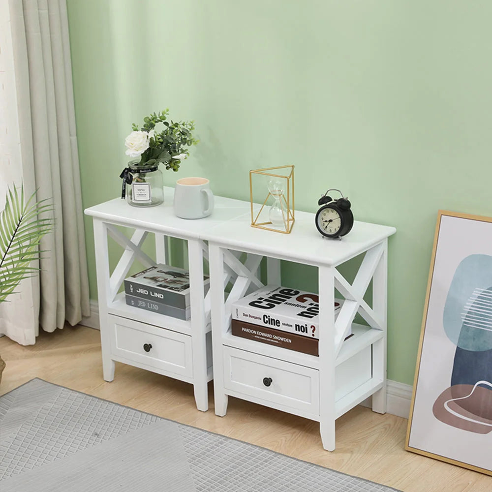 Bedside Table 2-Tier with Storage Drawer Set of 2 - White