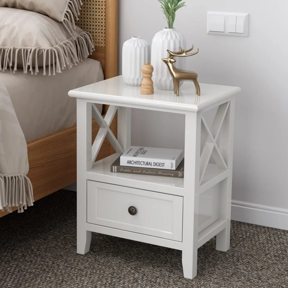 Bedside Table 2-Tier with Storage Drawer Set of 2 - White
