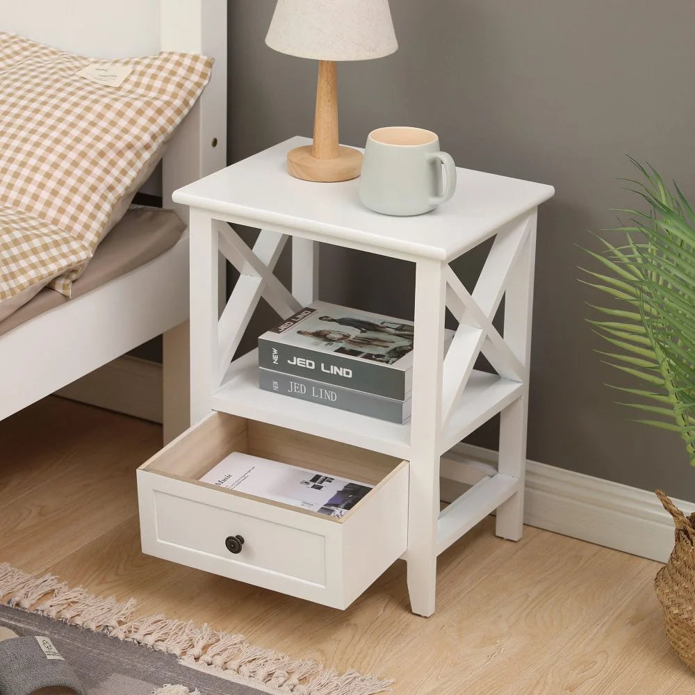 Bedside Table 2-Tier with Storage Drawer Set of 2 - White
