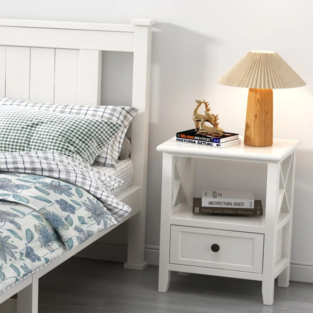 Bedside Table 2-Tier with Storage Drawer Set of 2 - White