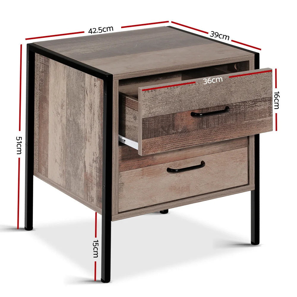 Bedside Table Drawers Nightstand - Metal & Oak - Bedroom