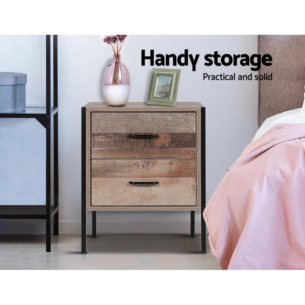 Bedside Table Drawers Nightstand - Metal & Oak - Bedroom