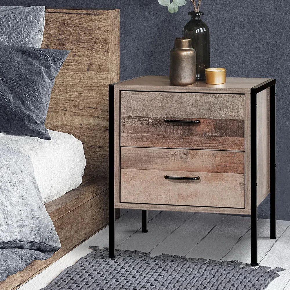 Bedside Table Drawers Nightstand - Metal & Oak - Bedroom
