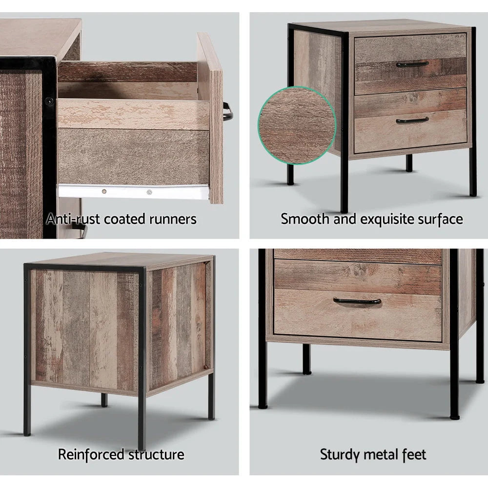 Bedside Table Drawers Nightstand - Metal & Oak - Bedroom