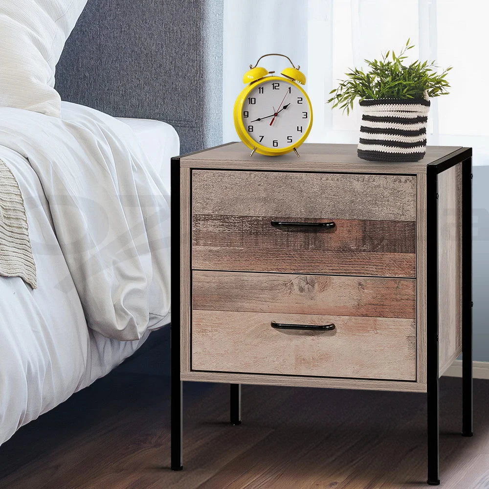 Bedside Table Drawers Nightstand - Metal & Oak - Bedroom