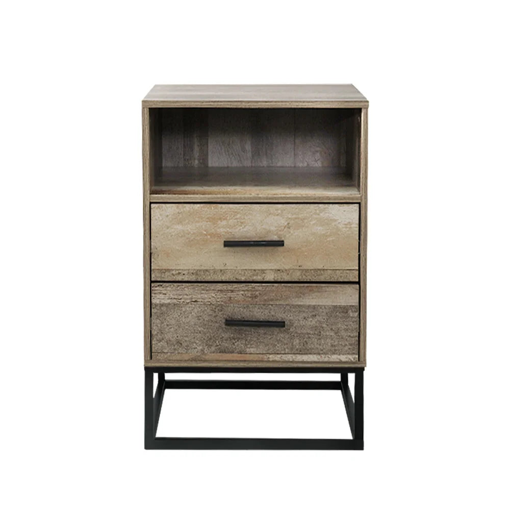 Wood bedside table with white drawers and wooden legs