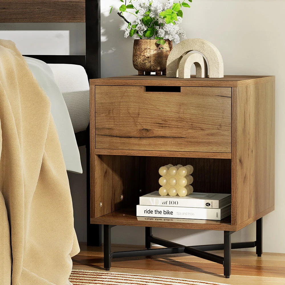Bedside Table Drawers Side Shelf Storage Nightstand Rust