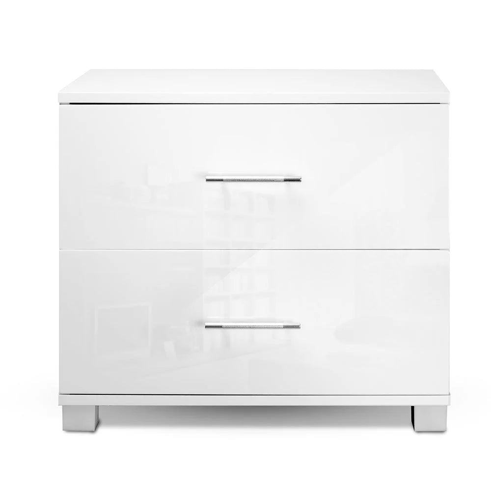 Bedside Table High Gloss Two Drawers - White - Bedroom