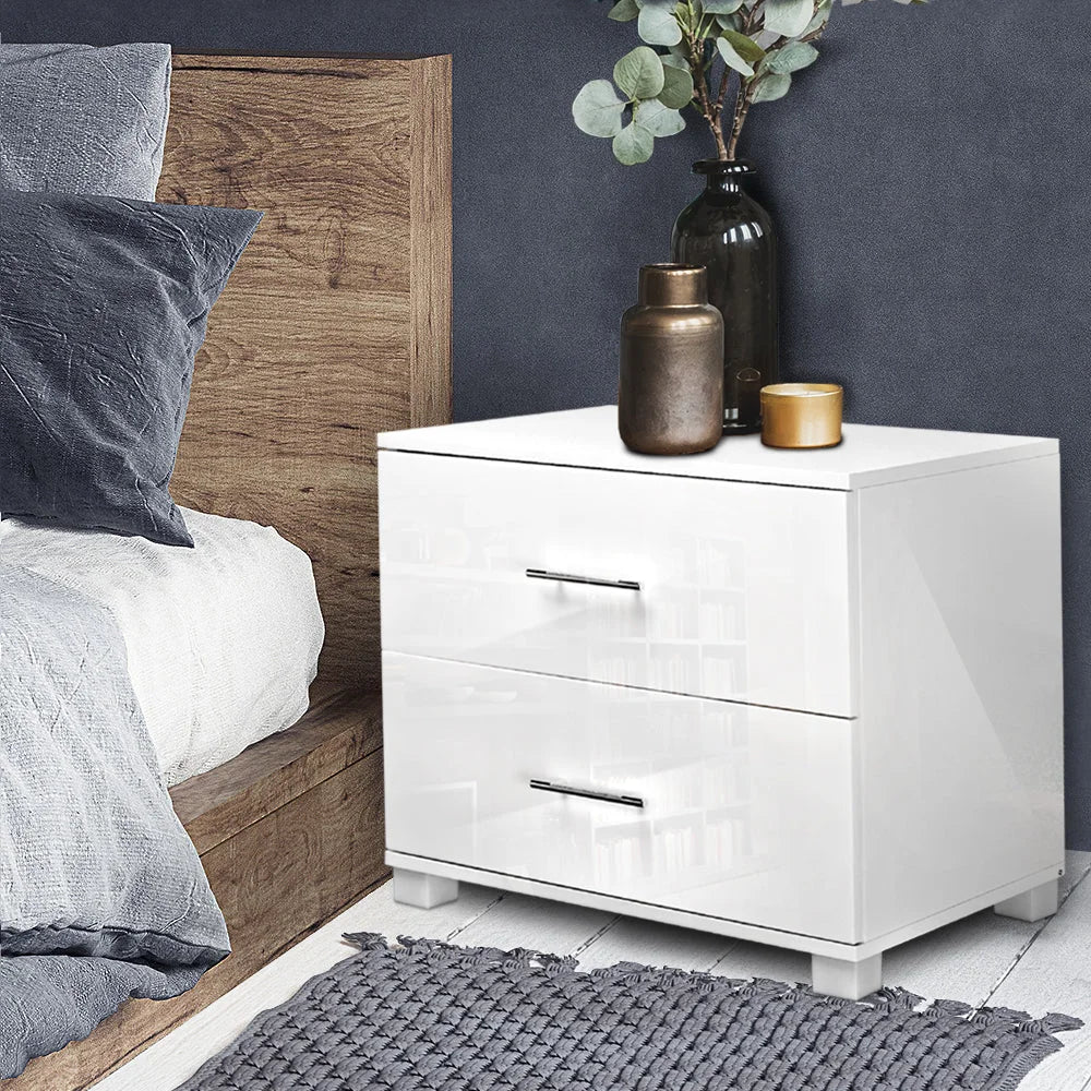 Bedside Table High Gloss Two Drawers - White - Bedroom