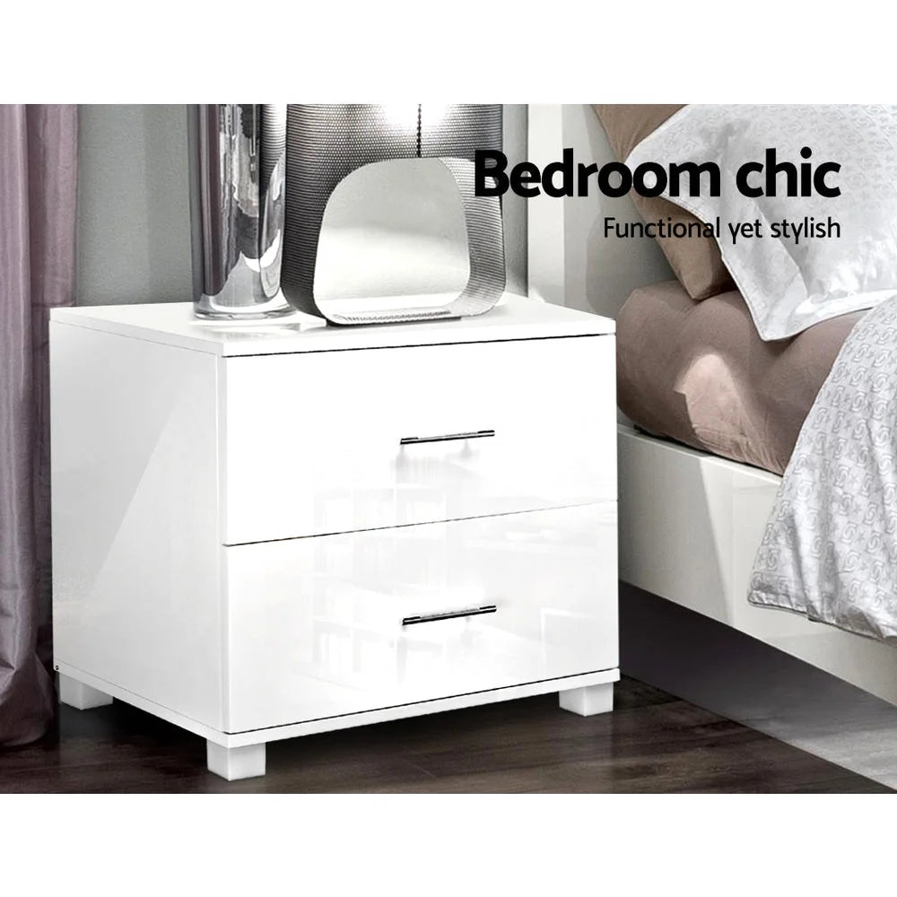 Bedside Table High Gloss Two Drawers - White - Bedroom