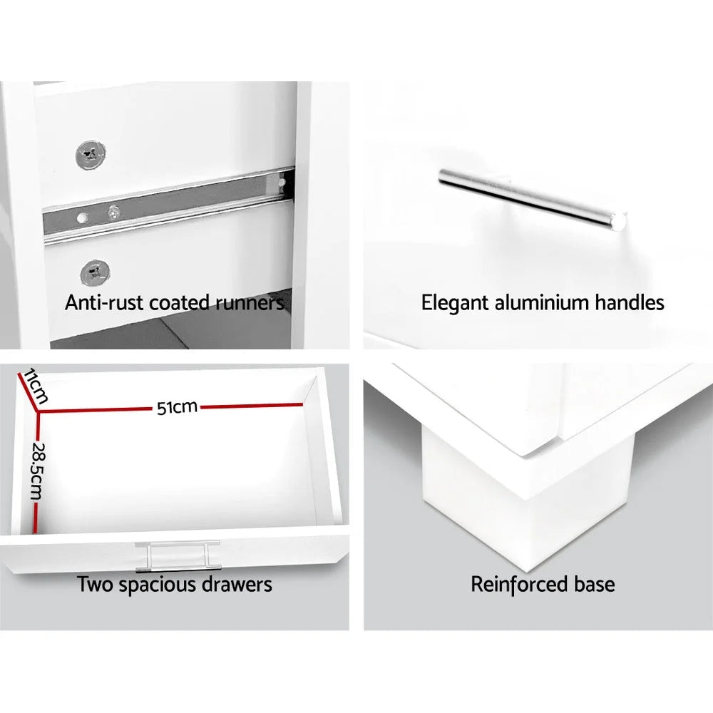 Bedside Table High Gloss Two Drawers - White - Bedroom