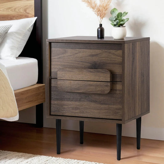 Bedside Table Nightstand 2 Drawers - Walnut - Furniture