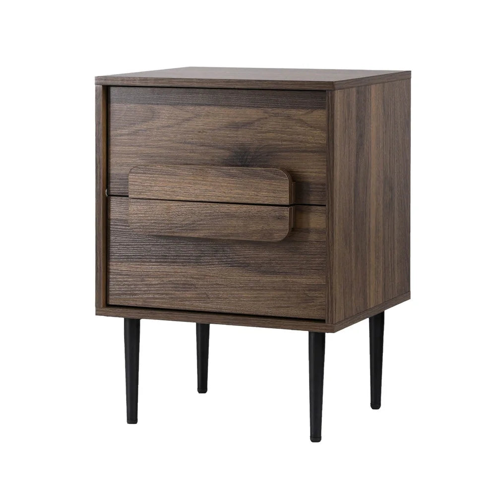 Bedside Table Nightstand 2 Drawers - Walnut - Furniture