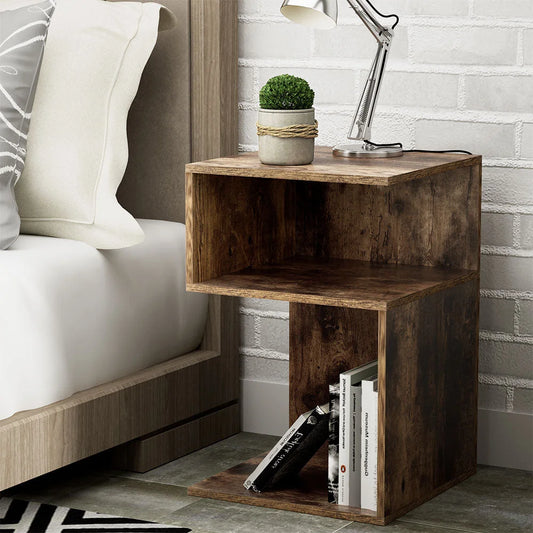 Bedside Table Shelves Side End Storage Nightstand - Rust