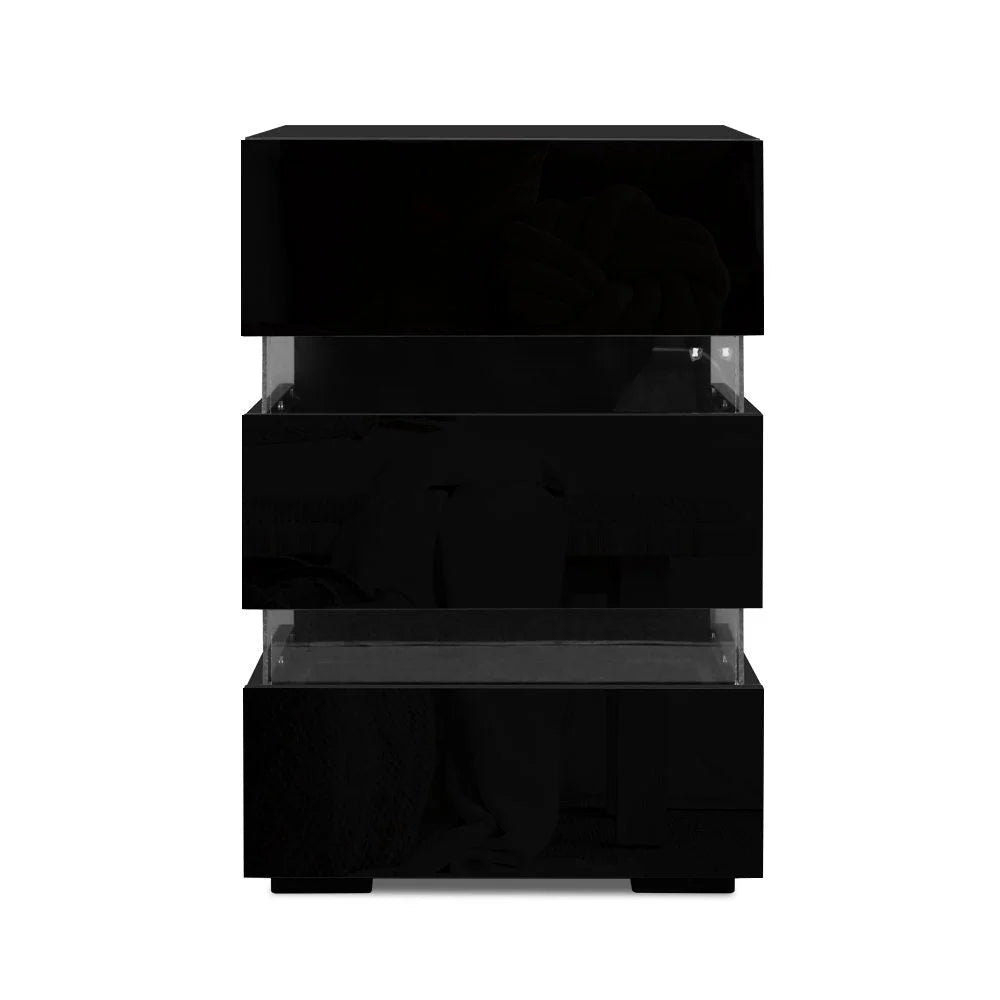 Black bedside table unit with shape details and included parts