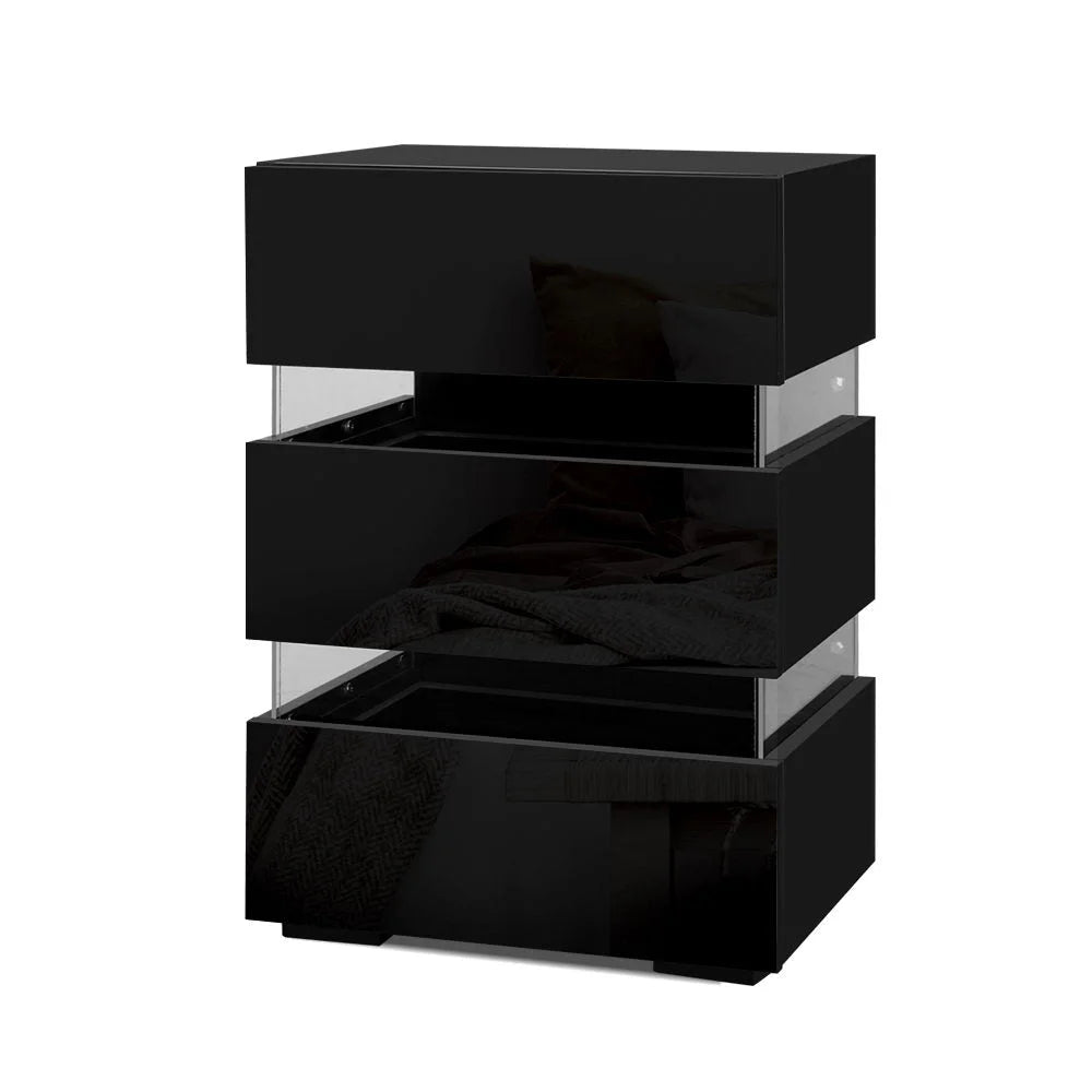 Black bedside table unit with useful parts and product scale
