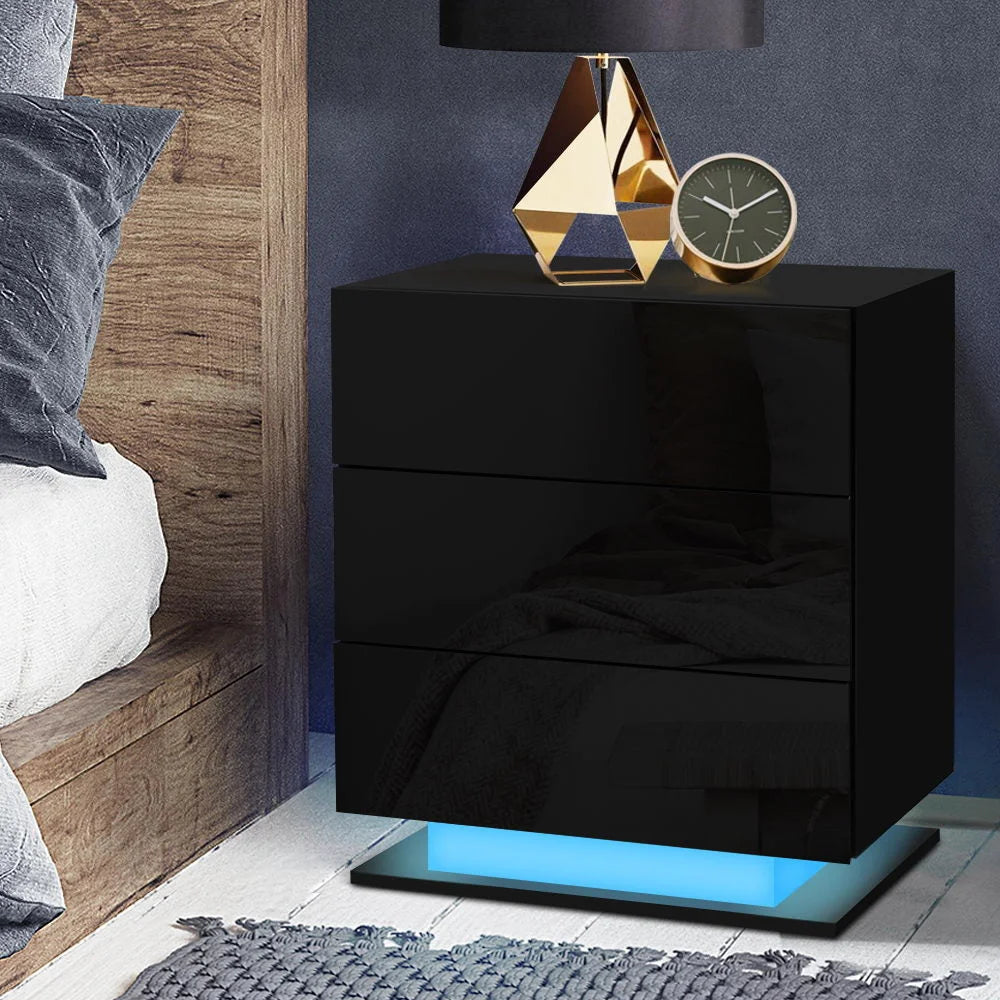 Bedside Table Side Unit with RGB LED Lamp 3 Drawers