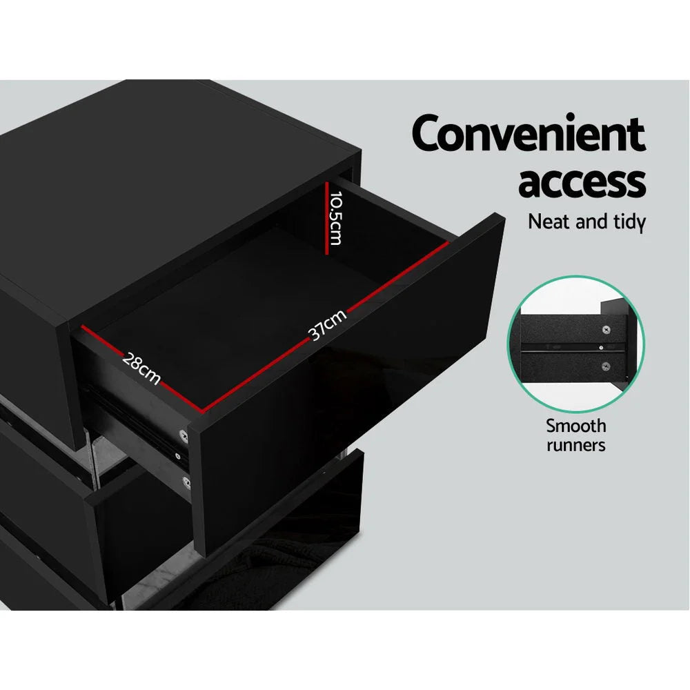 Black bedside table unit with storage context and item proportions