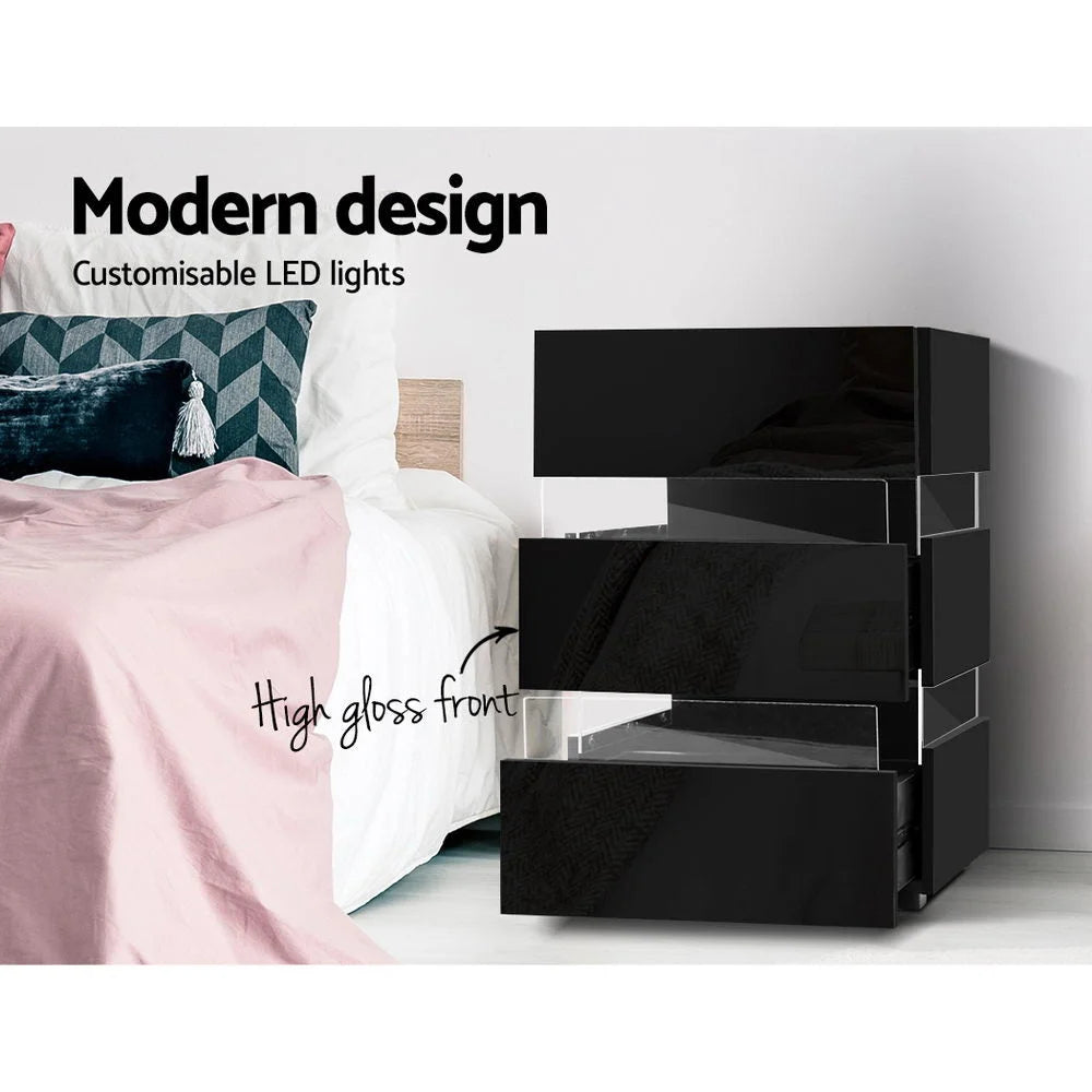 Black bedside table unit with size cues and product form