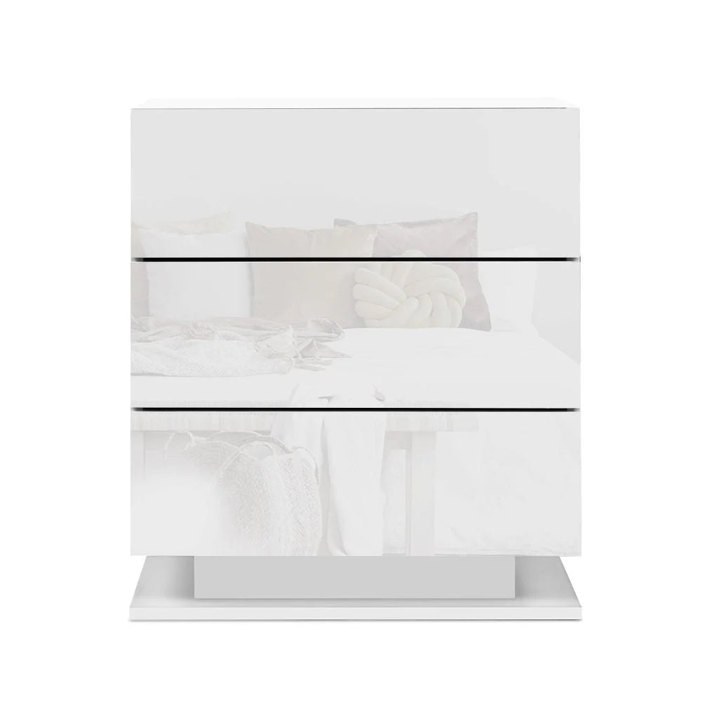 Bedside Table Side Unit with RGB LED Lamp 3 Drawers Nightstand Gloss
