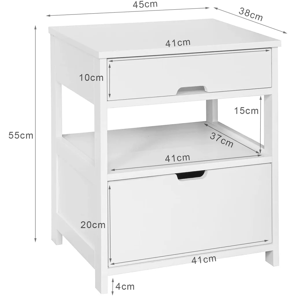 Bedside Table White with 2 Drawers