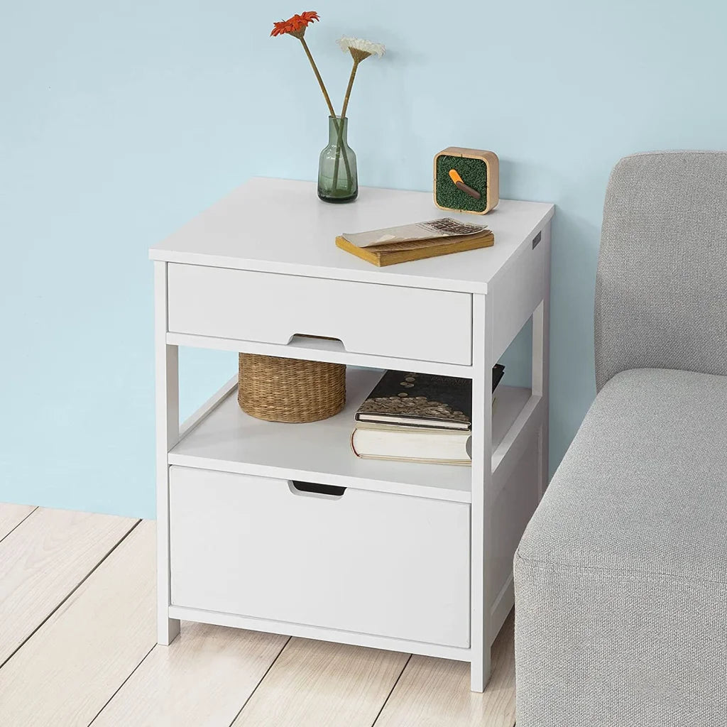 Bedside Table White with 2 Drawers
