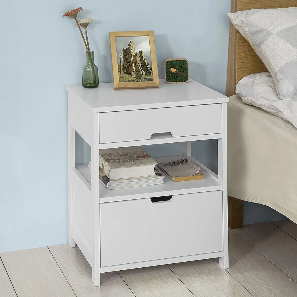 Bedside Table White with 2 Drawers
