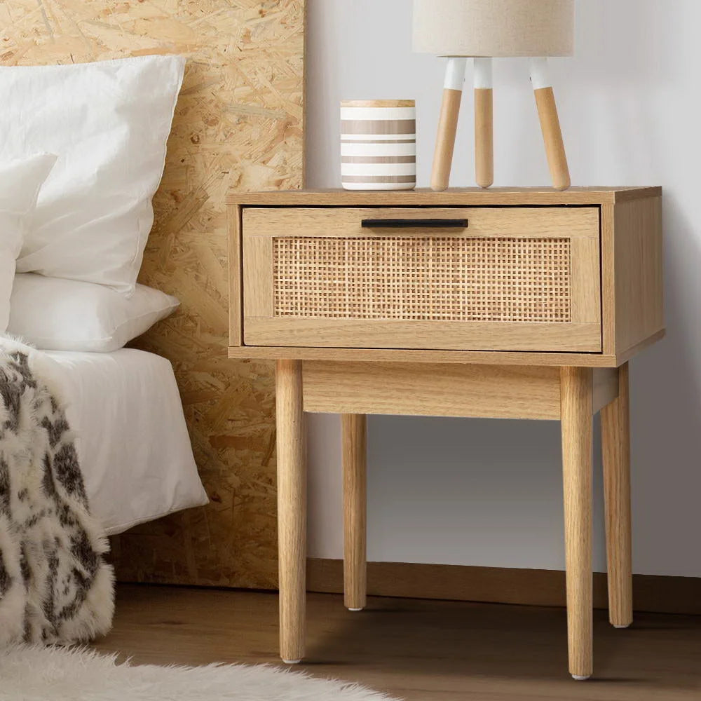 Bedside Table with 1 Drawer Storage Cabinet Rattan Wood