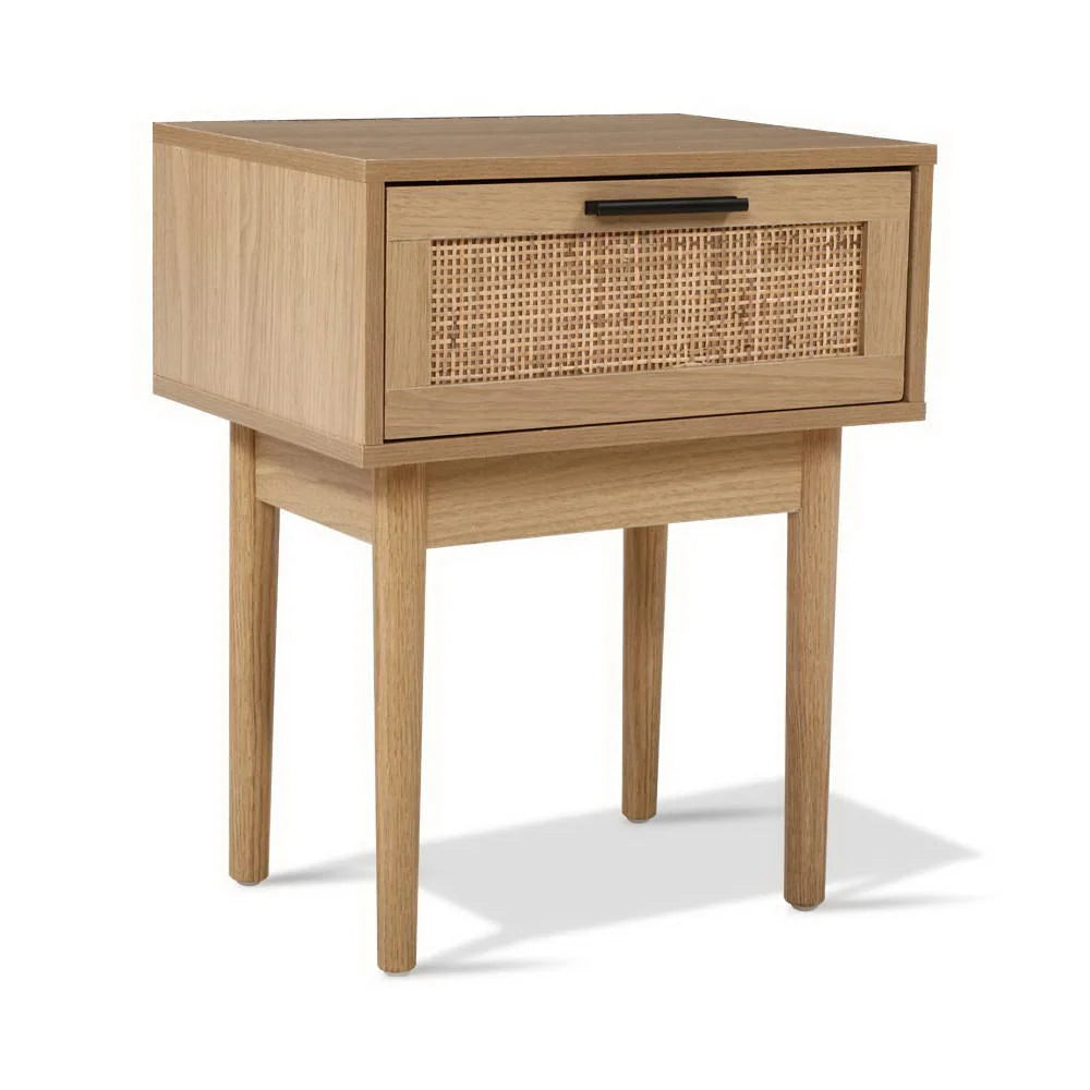Bedside Table with 1 Drawer Storage Cabinet Rattan Wood
