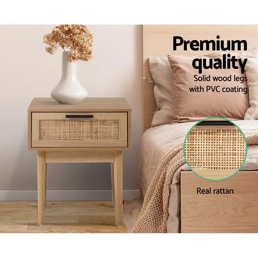 Bedside Table with 1 Drawer Storage Cabinet Rattan Wood