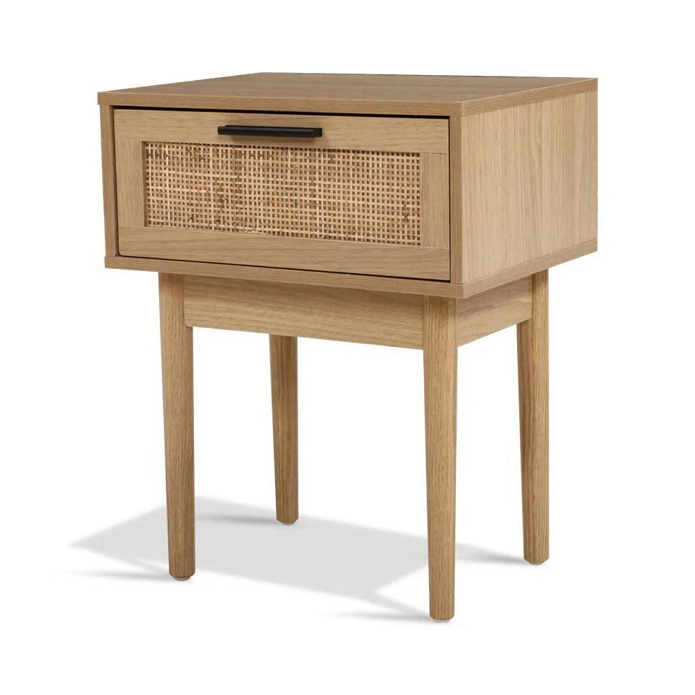 Bedside Table with 1 Drawer Storage Cabinet Rattan Wood